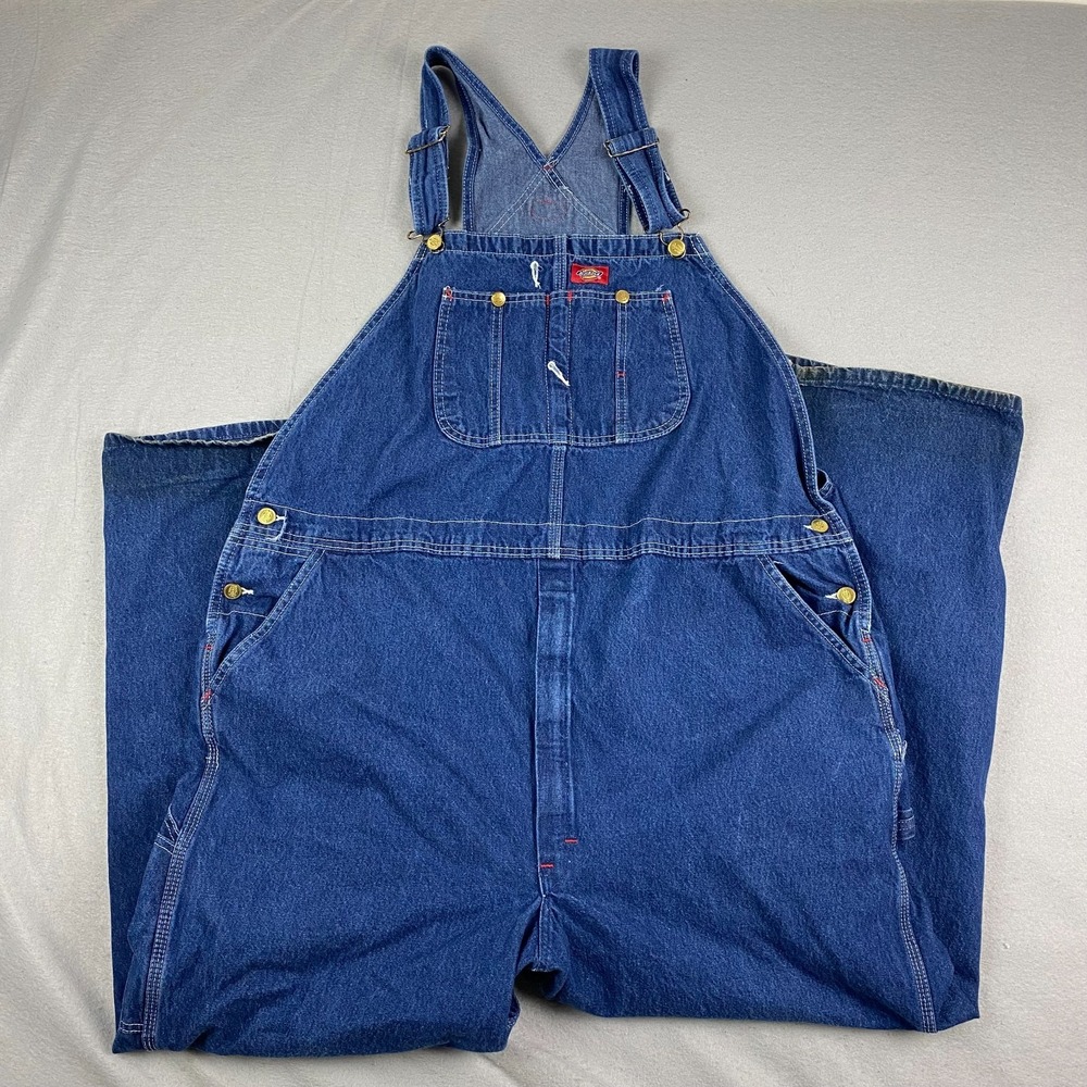 VTG 90s Dickies Denim Bib Overalls 46x30 Carpenter Indigo Blue Button Fly Mexico